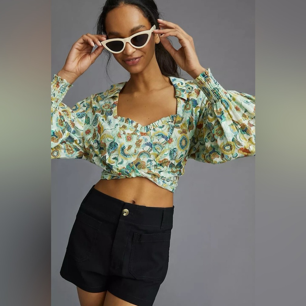 Anthropologie NWT Twist Crop Top Set Smocked Floral Printed Wrap‎ Blouse Size M